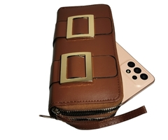 Billetera para mujer, con doble cierre, porta celular, color Camel - 3