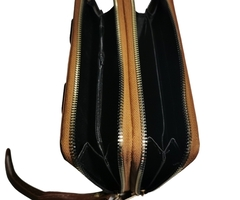 Billetera para mujer, con doble cierre, porta celular, color Camel - 5