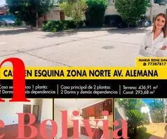 CASA EN VENTA EN ESQUINA – ZONO NORTE / AVENIDA ALEMANIA